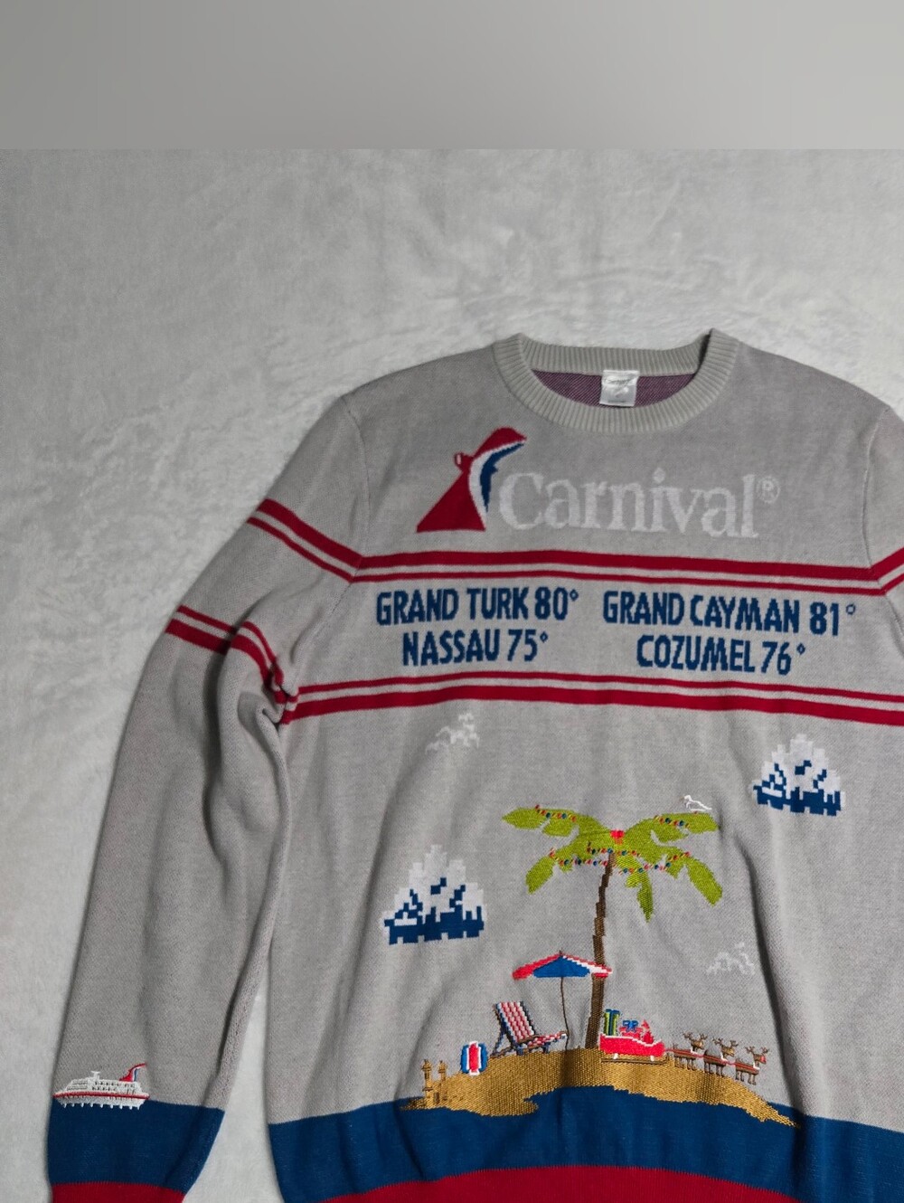 Carnival Cruise Beach-Themed Ugly Christmas Sweater Light Gray Large